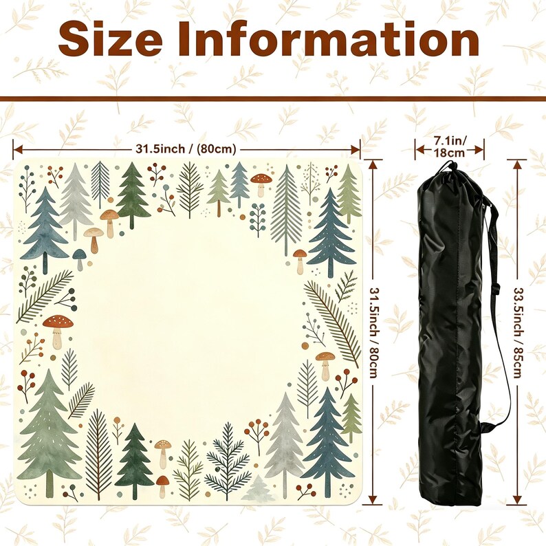 May include: A cream-colored mat with a forest design, featuring trees and mushrooms, measuring 31.5 inches (80 cm) square. A black carrying bag, 33.5 inches (85 cm) long, is included. The text "Size Information" is displayed.