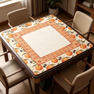 May include: A square table with a decorative orange and olive pattern tablecloth. The tablecloth has a cream-colored center with an orange diamond border. The table is surrounded by four chairs with cream-colored seats and wooden frames.