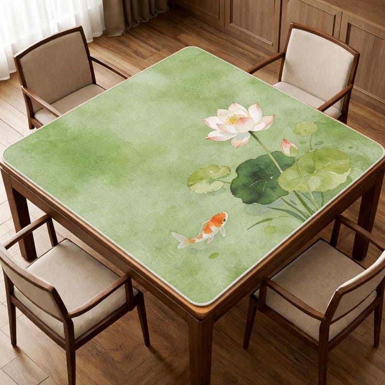May include: A square wooden table with a green tabletop featuring a watercolor painting of a lotus flower, lily pads, and a koi fish. Four wooden chairs with beige upholstered seats surround the table. The table is a warm brown color.