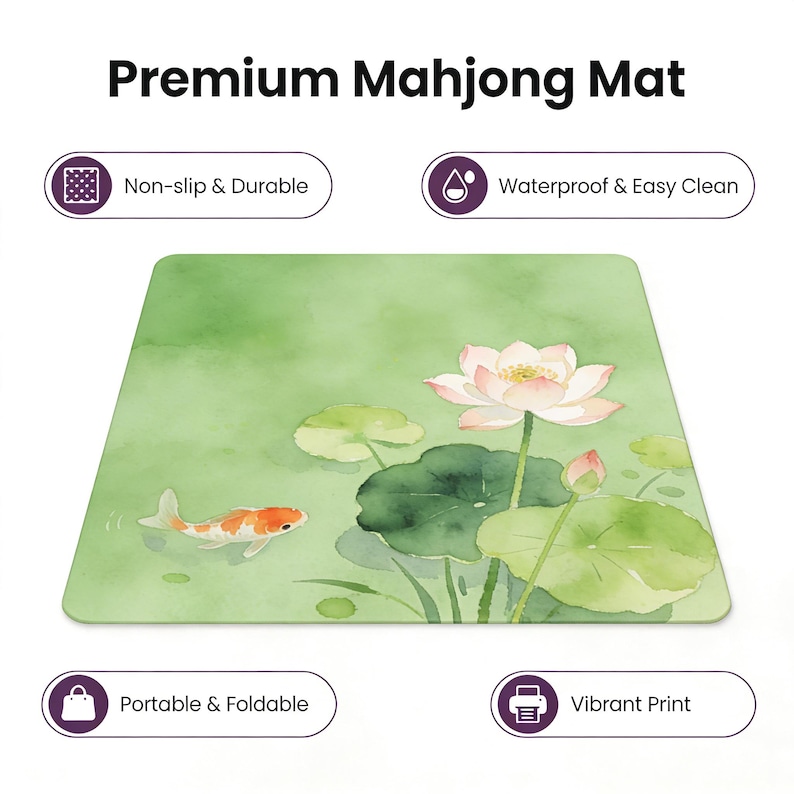 Watercolor Lotus and Koi Mahjong Mat – Green Floral Tabletop Game Mat, Perfect for Mahjong Lovers image 3