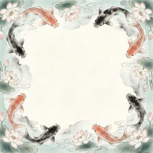 May include: Watercolor painting of koi fish and lotus flowers in a pond. The fish are orange and black, and the flowers are pink and white. The background is a light blue and green with soft, blurred details.