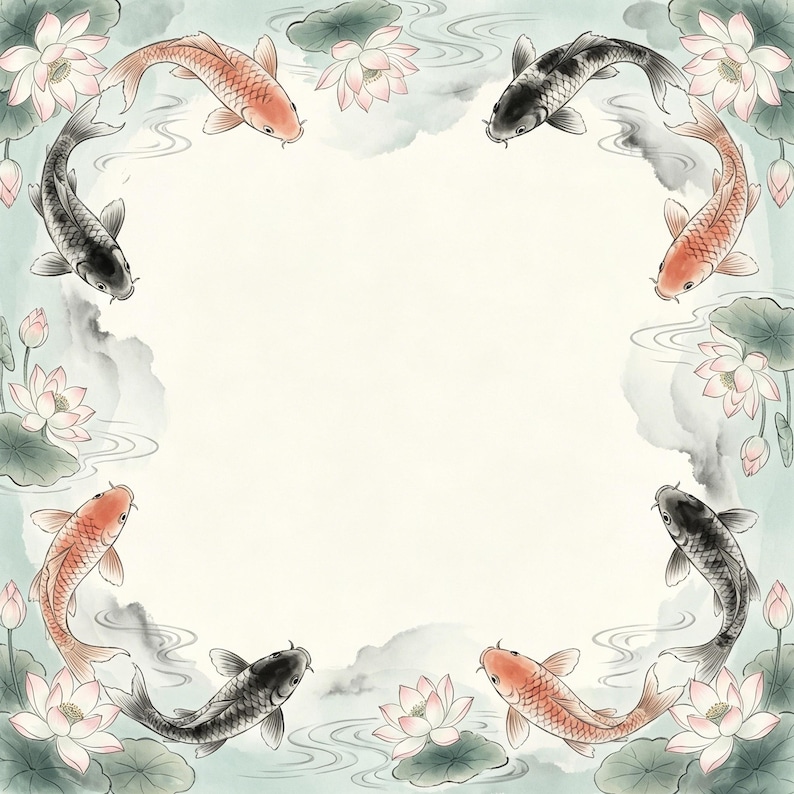 May include: Watercolor painting of koi fish and lotus flowers in a pond. The fish are orange and black, and the flowers are pink and white. The background is a light blue and green with soft, blurred details.