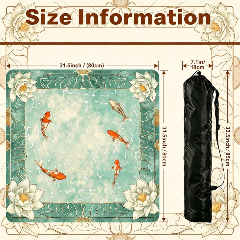 May include: A square mat with a koi pond design, featuring orange and white fish in a turquoise water pattern. The mat is 31.5 inches (80 cm) square, with a black carrying bag. The image also shows the dimensions of the mat and bag.