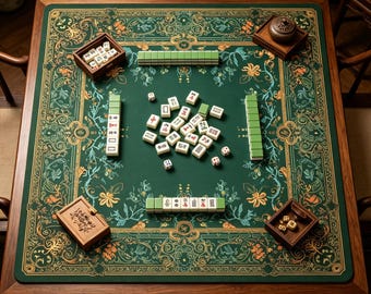 Green Floral Mahjong Mat | Vintage Chinese Style Game Table Cover, Non-Slip Neoprene Mat, Gift for Mahjong Lovers