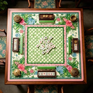 May include: Overhead view of a square mahjong table with a floral patterned surface in pink, green, and cream. The table is set with tiles, coin boxes, and decorative brass accents. The table is surrounded by chairs.