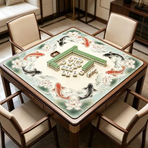 May include: A square wooden mahjong table with four matching chairs. The table features a cream-colored surface with a painted design of koi fish, lotus flowers, and water elements. Green mahjong tiles are arranged on the table.