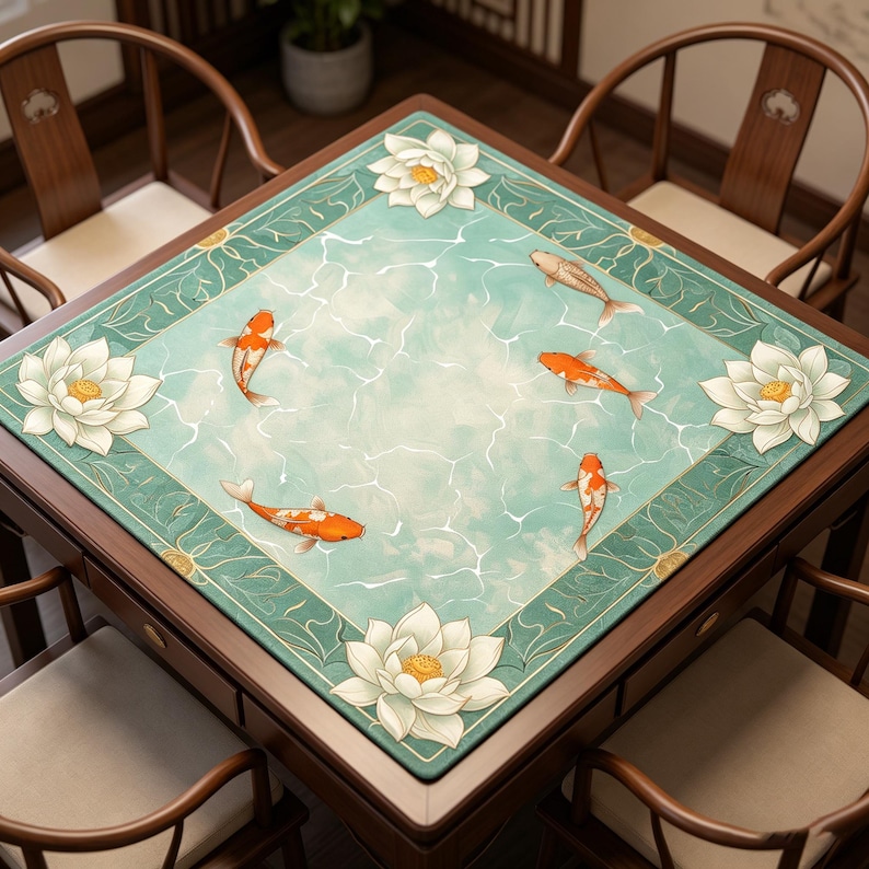May include: Square wooden table with a teal and white koi pond design. The table features a detailed illustration of koi fish and lotus flowers. The table is surrounded by four wooden chairs.