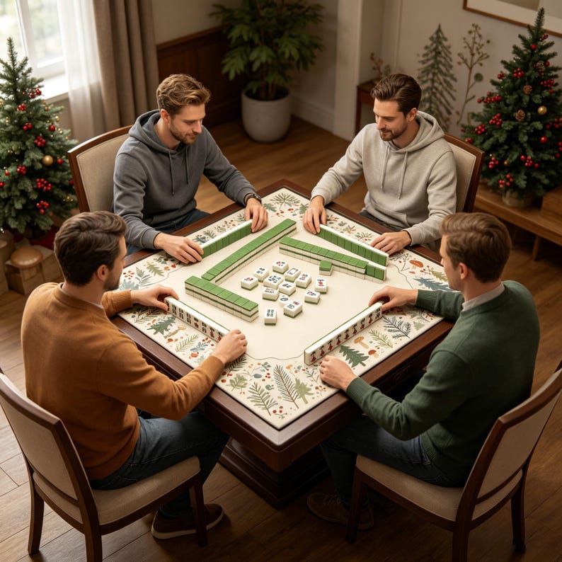 May include: Four people playing Mahjong around a square wooden table. The table has a cream-colored surface with a green and brown floral design. Green and white Mahjong tiles are arranged on the table. Two small Christmas trees are in the background.