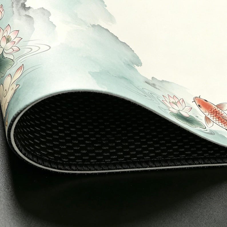 May include: A close-up of a decorative mat with a water color design. The mat features a koi fish, lotus flowers, and water elements in shades of red, pink, and green. The mat has a black, textured underside.