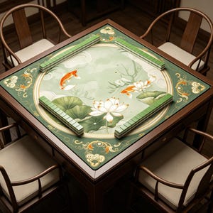 May include: A square wooden mahjong table with four chairs, featuring a green felt mat printed with orange koi fish, white lotus flowers, and green lily pads. The mat is bordered by gold decorative patterns and includes green mahjong tiles.