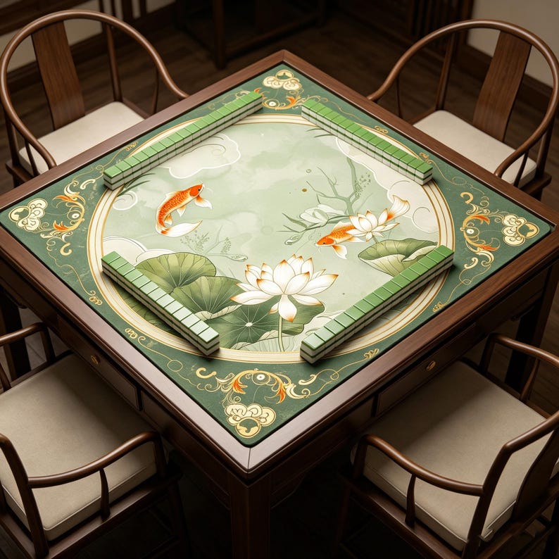 May include: A square wooden mahjong table with four chairs, featuring a green felt mat printed with orange koi fish, white lotus flowers, and green lily pads. The mat is bordered by gold decorative patterns and includes green mahjong tiles.