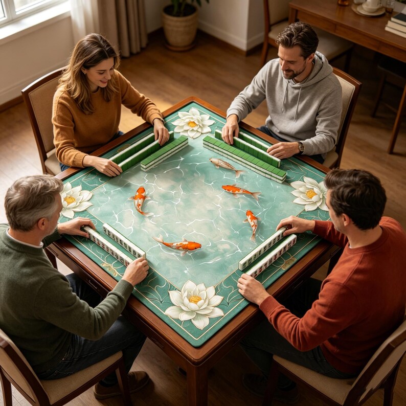 May include: A square wooden Mahjong table with a teal playing surface featuring koi fish and lotus flowers. Four people are seated around the table, each holding Mahjong tiles. The table has a dark wood frame and is set in a well-lit room.