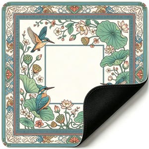 Pu&ograve; includere: Tappetino per mouse quadrato con un'illustrazione dettagliata di un martin pescatore, fiori di loto e foglie. Il design presenta un centro color crema con un bordo decorativo in verde acqua, corallo e oro. L'angolo in basso a destra &egrave; piegato, rivelando una superficie nera.