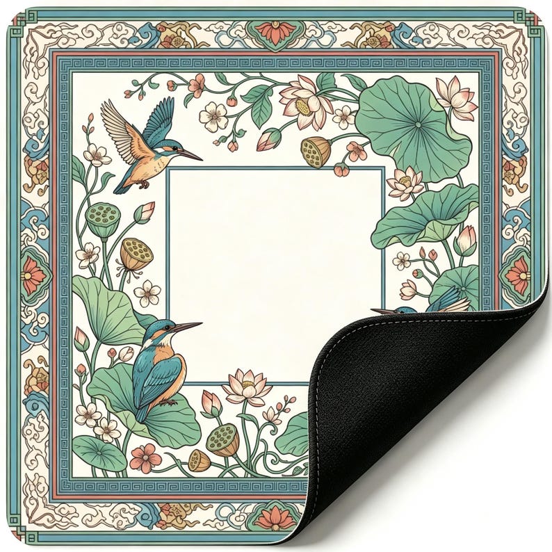 Pu&ograve; includere: Tappetino per mouse quadrato con un'illustrazione dettagliata di un martin pescatore, fiori di loto e foglie. Il design presenta un centro color crema con un bordo decorativo in verde acqua, corallo e oro. L'angolo in basso a destra &egrave; piegato, rivelando una superficie nera.
