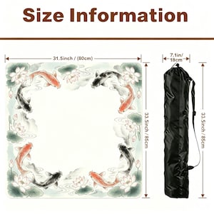 May include: A square mat with a koi fish design, measuring 31.5 inches by 33.5 inches. The mat features orange and black koi fish swimming among water lilies. A black carrying bag is also shown, 7.1 inches wide and 33.5 inches long.
