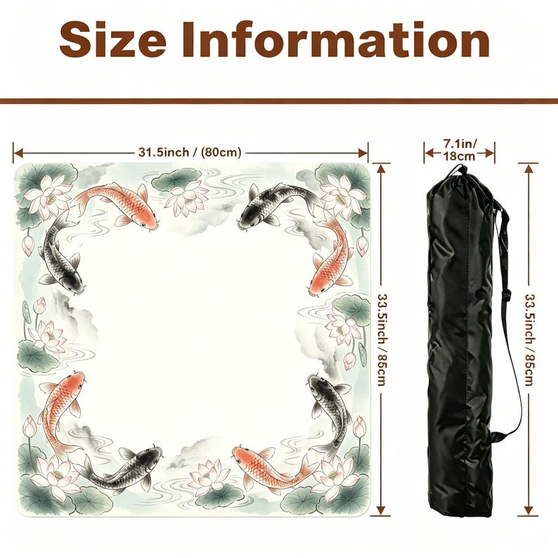 May include: A square mat with a koi fish design, measuring 31.5 inches by 33.5 inches. The mat features orange and black koi fish swimming among water lilies. A black carrying bag is also shown, 7.1 inches wide and 33.5 inches long.