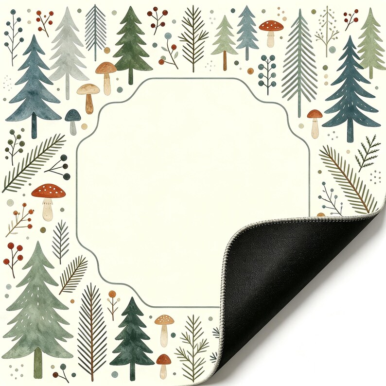 May include: A cream-colored decorative mat with a forest-themed design. The border features watercolor illustrations of pine trees, mushrooms, and berries. The bottom right corner is folded, revealing a black underside.