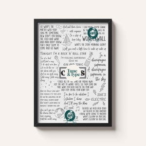 May include: Black framed art print with song lyrics and illustrations in white. The print features song titles like "Wonderwall" and "Champagne Supernova" with the band name "Tune & Type S" in the center. The overall theme is music.