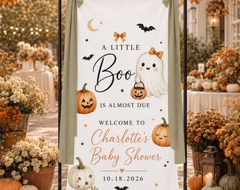 Pancarta personalizada para baby shower de Halloween, letrero "Un pequeño fantasma está a punto de nacer", telón de fondo de tela con nombre de bebé personalizado, decoración para baby shower con calabazas y fantasmas.