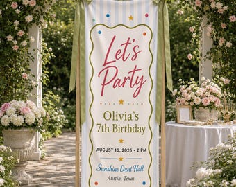 Personalized Kids Birthday Banner, Custom Let’s Party Backdrop, Colorful Striped Birthday Sign, Garden Party Decor