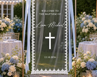 Baptism Welcome Banner, Personalized Christening Backdrop, Blue Bow Lace Banner, Custom Baptism Sign, First Communion Decor