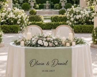 Personalized Wedding Table Runner, Custom Couple Names and Date Decor, Sage Green Wedding Reception Table Runner, Sweetheart Table Decor