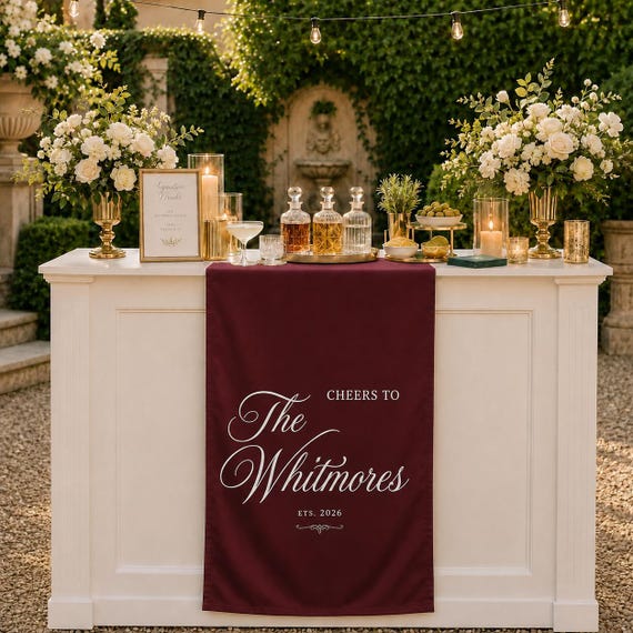 Personalized Wedding Bar Banner, Custom Last Name Fabric Table Runner, Burgundy Reception Cocktail Bar Decor, Cheers To Wedding Sign