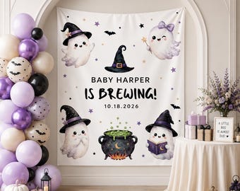 Baby Is Brewing Banner, Personalized Halloween Baby Shower Sign, Cute Ghost Pumpkin Backdrop, Spooky Baby Shower Decor