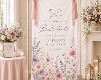 Love in Bloom Bridal Shower Sign, Personalized Linen Banner, Floral Bridal Shower Backdrop, Garden Party Bridal Shower Decor