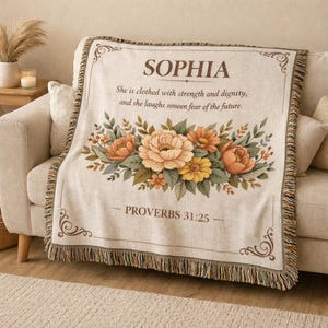 Personalized Christian Woven Blanket, Proverbs 31:25 Scripture Throw, Custom Name Floral Cotton Blanket, Faith Gift for Women