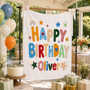 Personalized Birthday Banner, Colorful Patchwork Fabric Backdrop, Custom Name Happy Birthday Sign, Kids Outdoor Party Decor
