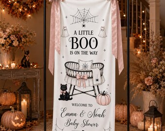 Banner personalizado para baby shower de Little Boo, letrero de bienvenida de fantasma de Halloween, fondo para baby shower de telaraña con calabazas