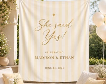 She Said Yes Engagement Banner, Personalized Proposal Party Backdrop, Yellow Stripe Couple Name Sign, Bridal Shower Decor