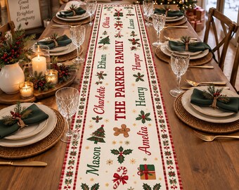 Personalized Christmas Table Runner, Custom Family Name Holiday Table Decor, Christmas Dinner Runner, Festive Family Table Runner