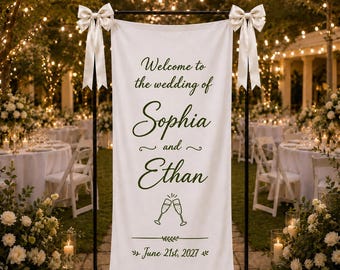 Personalized Wedding Welcome Banner, Custom Couple Name Wedding Sign, Garden Reception Backdrop, Champagne Wedding Decor