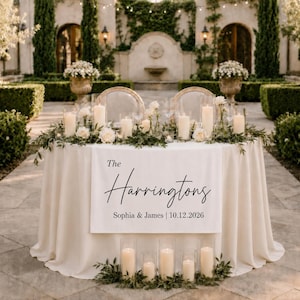 Personalized Sweetheart Table Runner, Custom Last Name Wedding Sign, Couple Names and Date Reception Decor, Head Table Backdrop