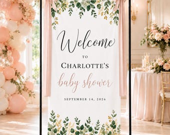 Banner de bienvenida personalizado para baby shower, letrero de baby shower con motivos vegetales, telón de fondo de tela con el nombre del bebé personalizado, elegante decoración floral para baby shower.