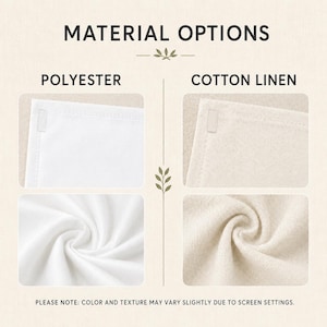 May include: A comparison chart titled MATERIAL OPTIONS showing two fabric types. The left side displays white polyester with a smooth finish. The right side displays off-white cotton linen with a visible woven texture. Text notes color and texture variations.