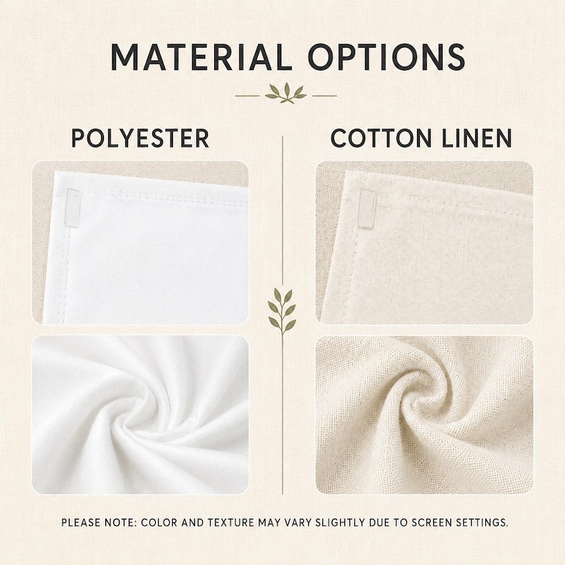 May include: A comparison chart titled MATERIAL OPTIONS showing two fabric types. The left side displays white polyester with a smooth finish. The right side displays off-white cotton linen with a visible woven texture. Text notes color and texture variations.