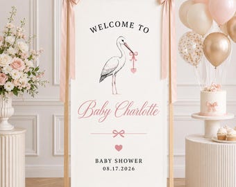 Personalized Baby Shower Banner, Pink Stork Welcome Sign, Baby Girl Shower Fabric Backdrop, Custom Baby Shower Decor