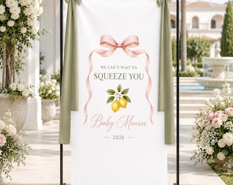 Personalized Lemon Baby Shower Banner, We Can’t Wait To Squeeze You Sign, Custom Baby Name Fabric Backdrop, Pink Bow Shower Decor