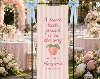 Sweet Little Peach Baby Shower Banner, Personalized Peach Girl Baby Shower Welcome Sign, Pink Stripe Fabric Backdrop, Garden Party Decor