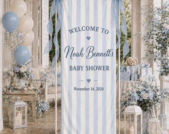Personalized Baby Shower Banner, Custom Color Welcome Sign, Blue Striped Baby Name Backdrop, Boy Baby Shower Decor