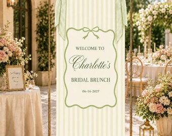 Personalized Bridal Brunch Banner, Green Stripe Welcome Sign, Custom Bride Name Garden Party Backdrop, Bridal Shower Decor