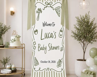 Personalized Baby Shower Banner, Custom Baby Name Welcome Sign, Sage Green Baby Shower Backdrop, Little Slice Baby Shower Decor