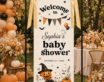 Halloween Baby Shower Banner, Personalized Pumpkin Ghost Welcome Sign, Spooky Cute Baby Shower Backdrop, Fall Party Decor