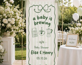 A Baby Is Brewing Baby Shower Sign, Personalized Linen Banner, Coffee Theme Baby Shower Backdrop, Green Baby Shower Decor