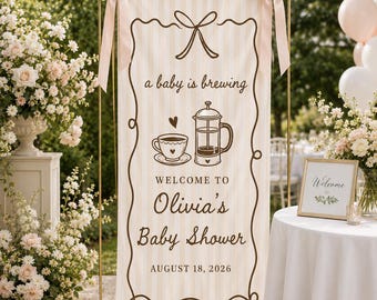A Baby Is Brewing Baby Shower Sign, Personalized Baby Shower Banner, Coffee Theme Baby Shower Backdrop, Neutral Linen Party Decor