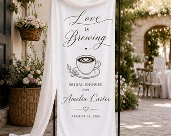 Banner personalizado "El amor está en ebullición", letrero para despedida de soltera con temática de café, telón de fondo de tela con nombre personalizado, decoración elegante para despedida de soltera.