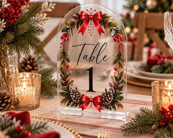 Personalized Christmas Table Number, Acrylic Holiday Wedding Table Sign, Christmas Wreath Table Decor, Festive Reception Centerpiece